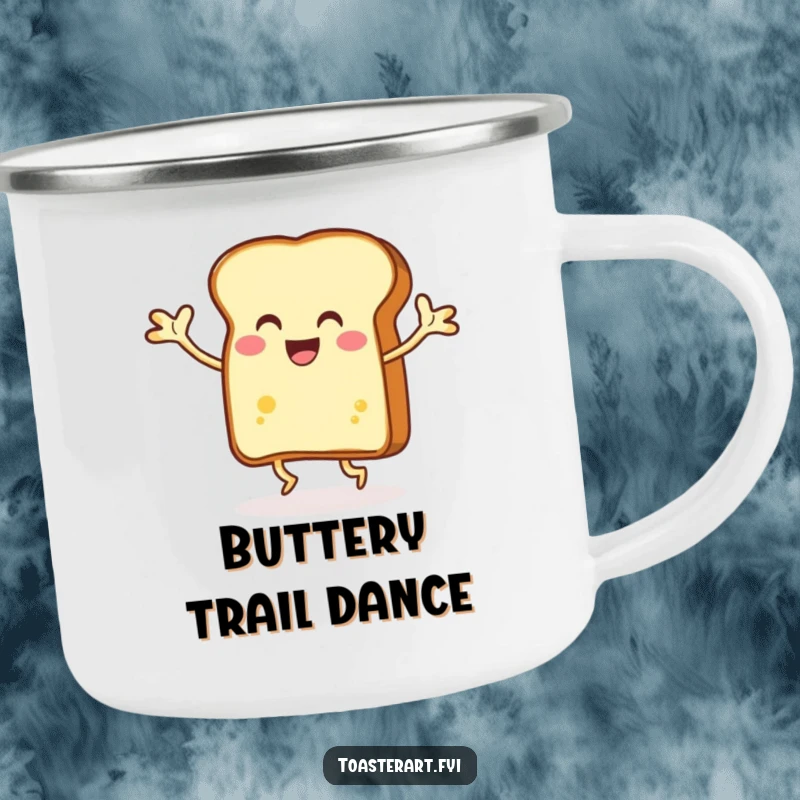Funny slice of toast dancing energetically with buttery arms, durable enamel camping mug, perfect for outdoor brews and cheerful moments.