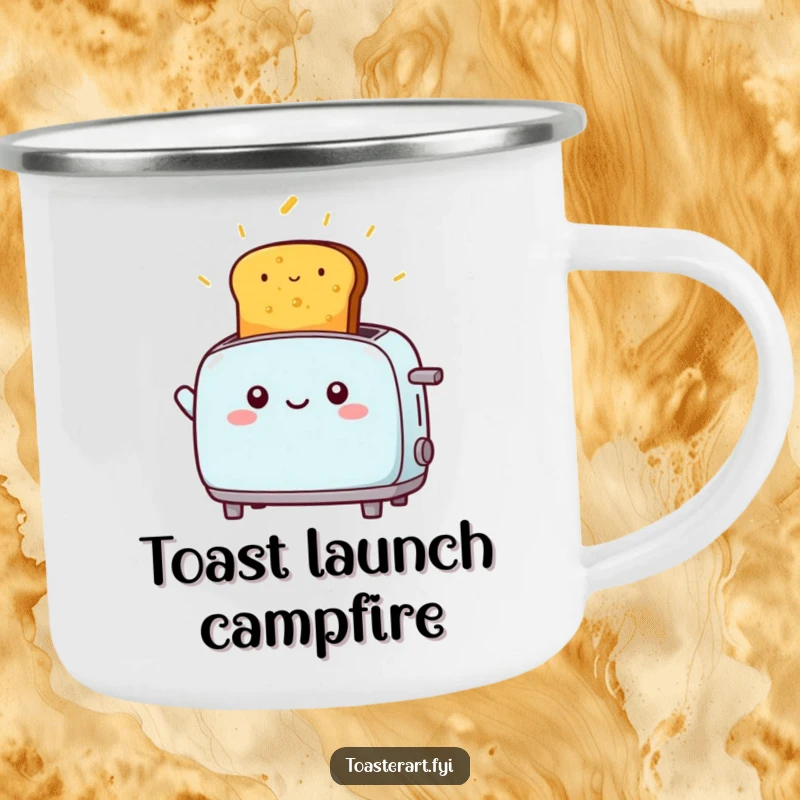 Funny kawaii toaster character launching golden toast high into the air, a durable and funny camping mug.