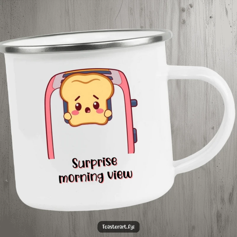 Funny Toast Camping Mug: A startled slice of toast peeks from toaster slots, ready for surprising outdoor moments.