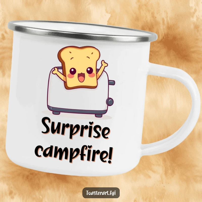 Funny camping mug featuring a surprised toast character comically leaping out of a toaster. Perfect for outdoor use and humorous trips.