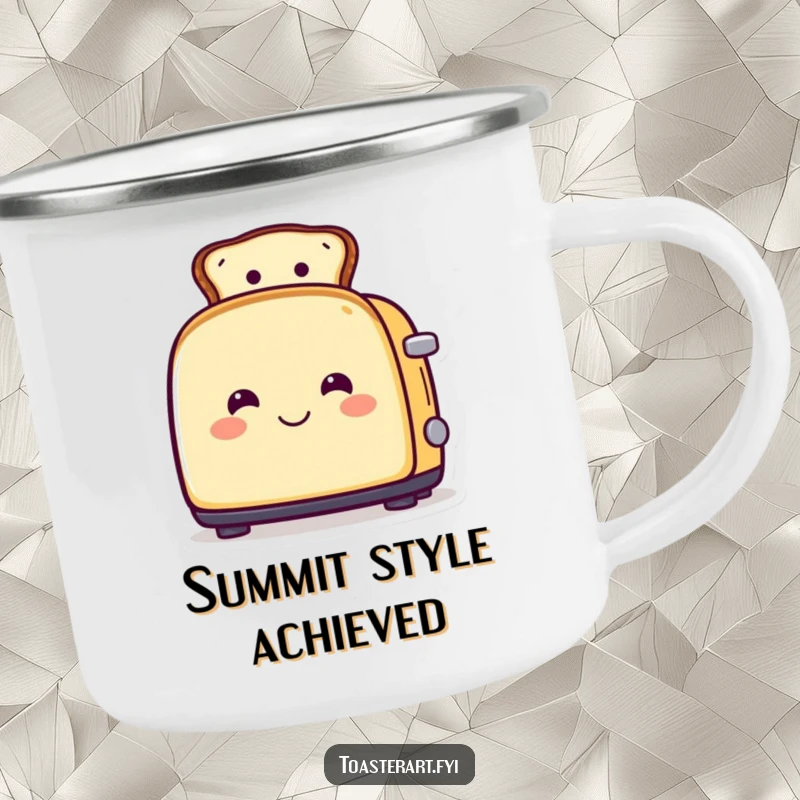 Funny camping mug featuring a smiling toaster character wearing toast as a hat, perfect for adding breakfast fashion humor outdoors.