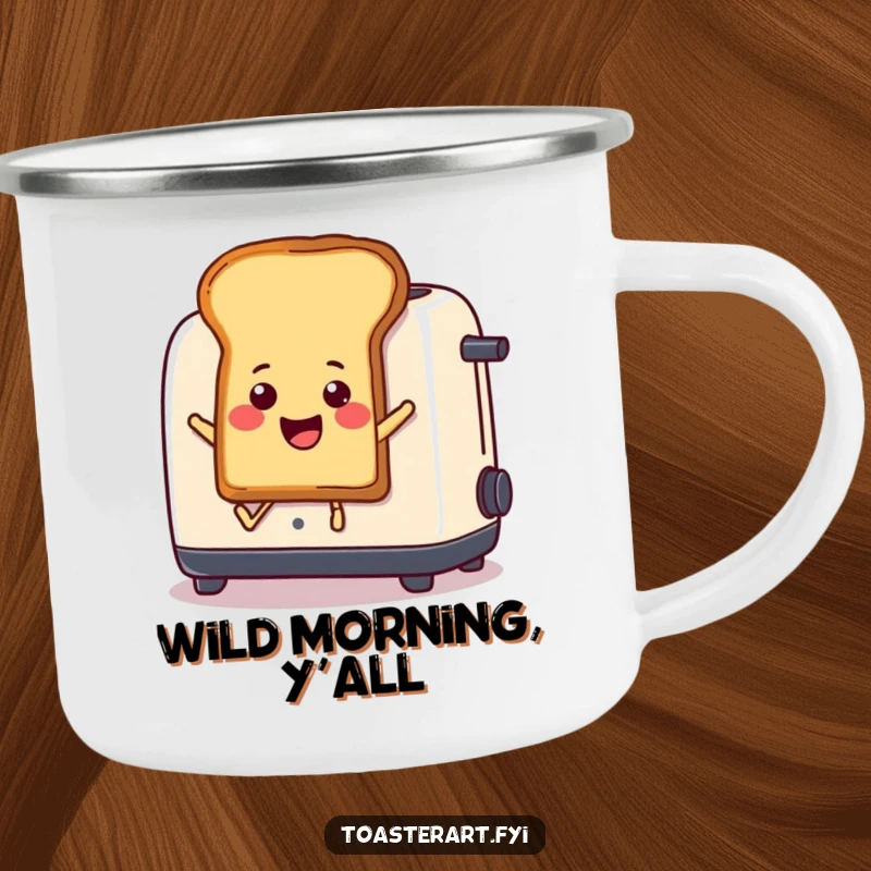 Funny Camping Mug: Toast comically leaps from a toaster, a durable and humorous cup for adventures.