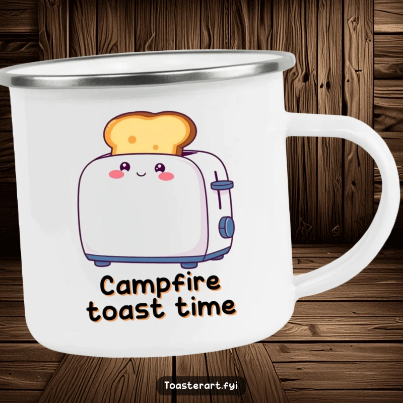 Funny camping mug with a giggling piece of toast character popping out of a toaster, perfect for cheerful outdoor mornings.