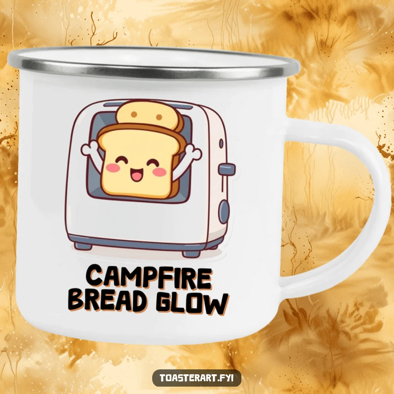 Funny camping mug with a delighted toast character waving from inside a toaster, rugged and cheerful drinkware.