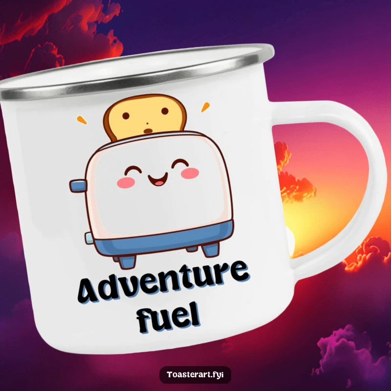 Funny camping mug with a grinning toaster character popping toast, bringing cheerful energy to outdoor mornings.