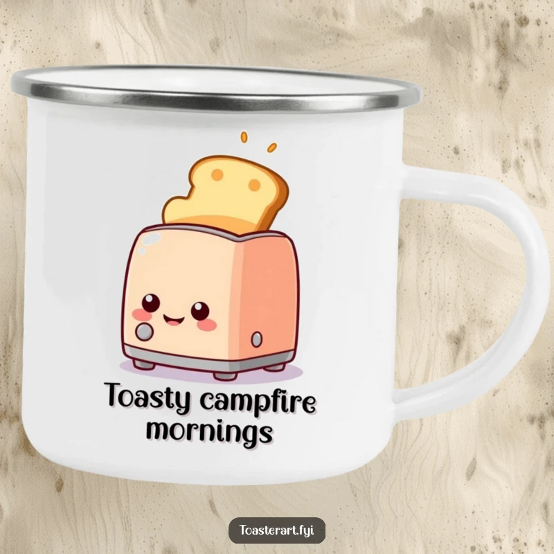 Funny happy toaster character popping up golden toast with a smile, durable enamel camping mug, perfect for outdoor breakfast enjoyment.