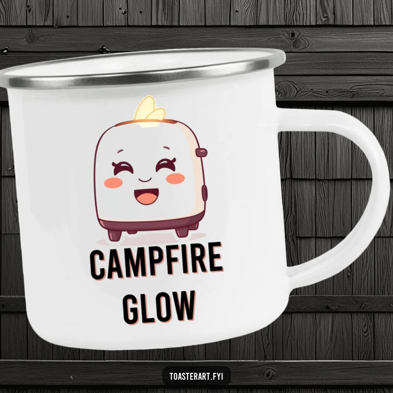 Funny camping mug with a delighted toaster character glowing warmly with a friendly smile, perfect for cheerful outdoor mornings.
