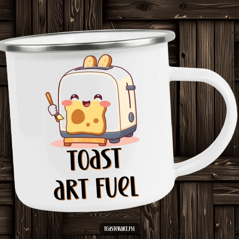 Funny camping mug featuring a happy toaster artistically painting with toast, ideal for drinks during outdoor adventures and humorous moments.