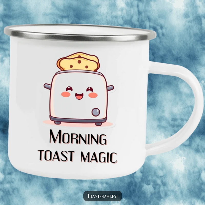Funny toaster camping mug with a happy character popping up smile-toast, ideal for outdoor fun and as a funny gift.
