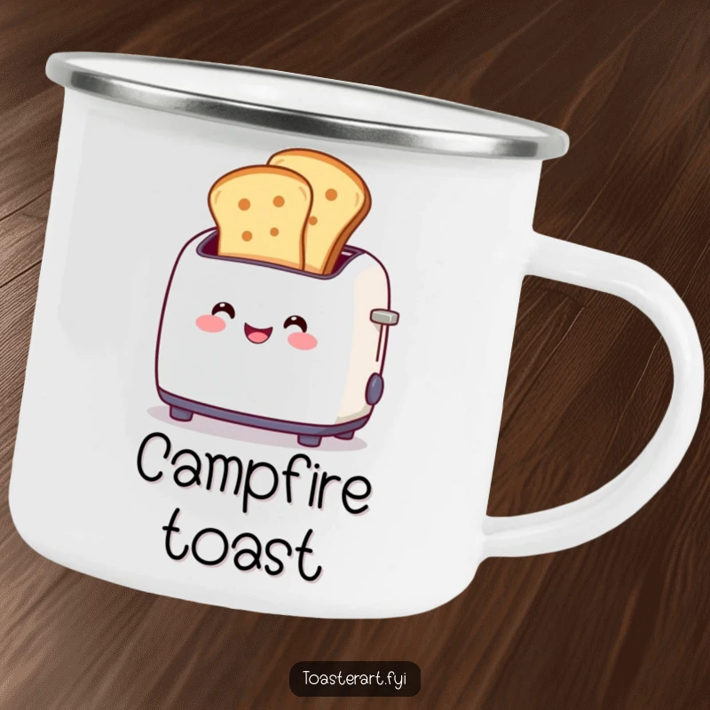 Funny camping mug depicting a happy toaster character popping out toast slices, perfect for outdoor enjoyment and cheerful mornings.