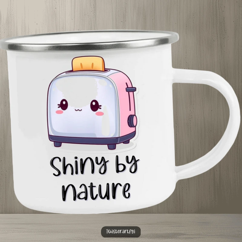 Funny Camping Mug of a toaster character admiring its shiny reflection, ready for outdoor adventures with humor.