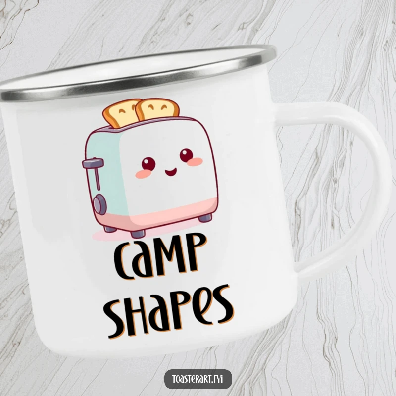 Funny camping mug showing a cheerful toaster creating toast in funny shapes, perfect for outdoor creativity.