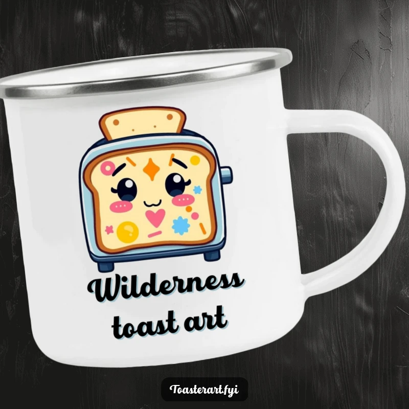 Funny Camping Mug featuring a happy toaster character making colorful toast art, perfect for humorous outdoor coffee or tea breaks.
