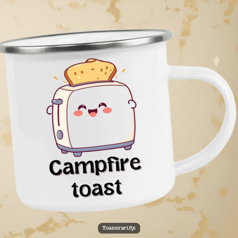 Funny camping mug with a cheerful toaster character ejecting perfect toast. Ideal for outdoor use and humorous mornings.