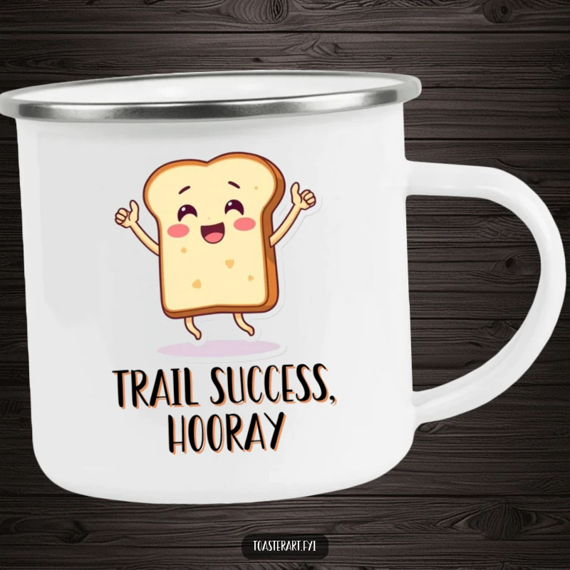 Funny camping mug with a thrilled bread slice character doing a victory dance, durable and celebratory drinkware.