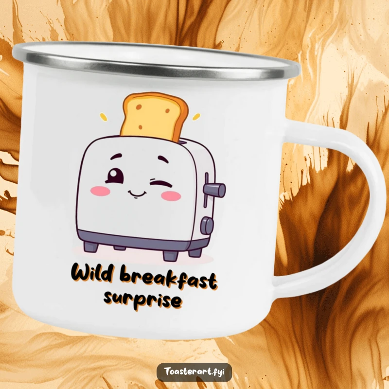 Funny toaster winking with toast launching on a camping mug, a humorous and durable design.