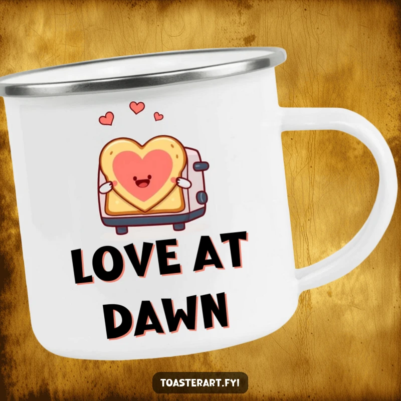Funny camping mug with a toaster character making heart-shaped toast art, perfect for romantic outdoor mornings.