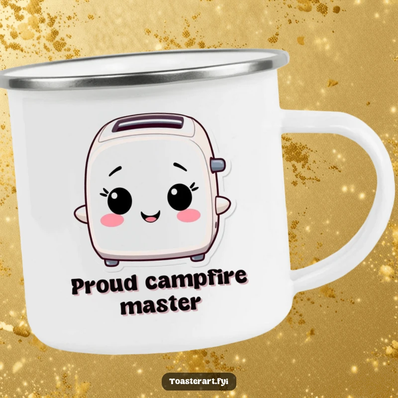 Funny Camping Mug: A toaster character beams with pride, celebrating achievements even in the great outdoors.