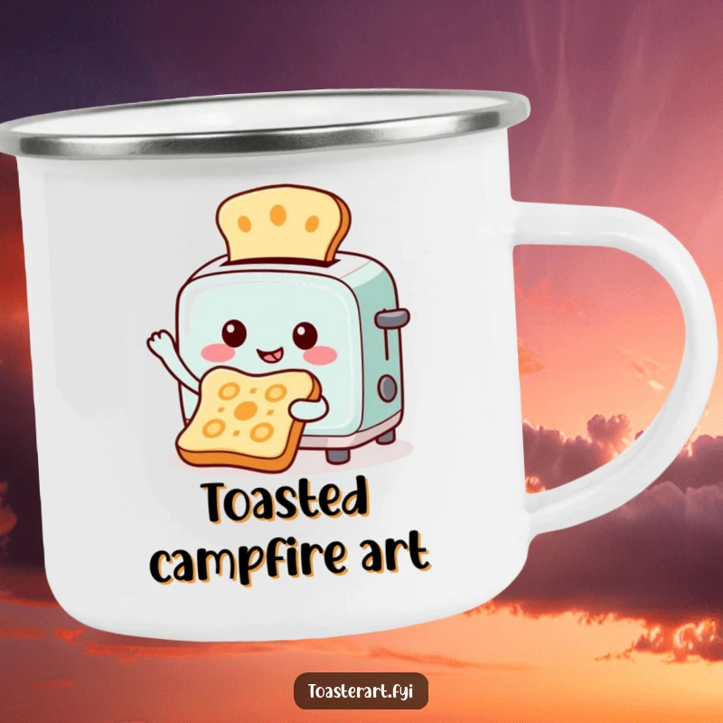 Funny camping mug with a cheerful toaster character creating art by toasting patterns onto bread, ready for artistic outdoor adventures.