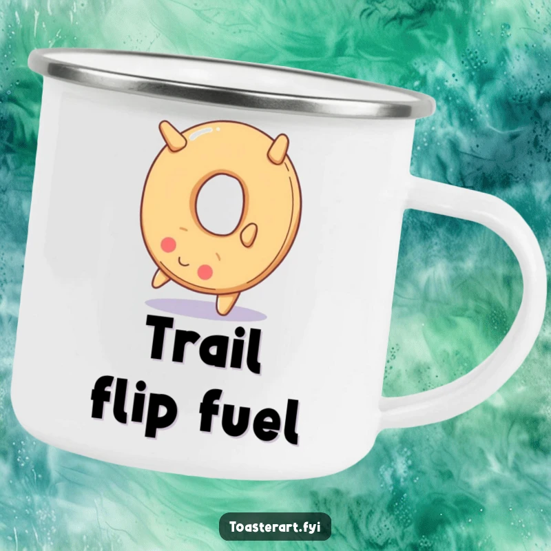 Funny camping mug showing a smiling bagel doing a backward somersault, designed for outdoor enjoyment and humorous moments.
