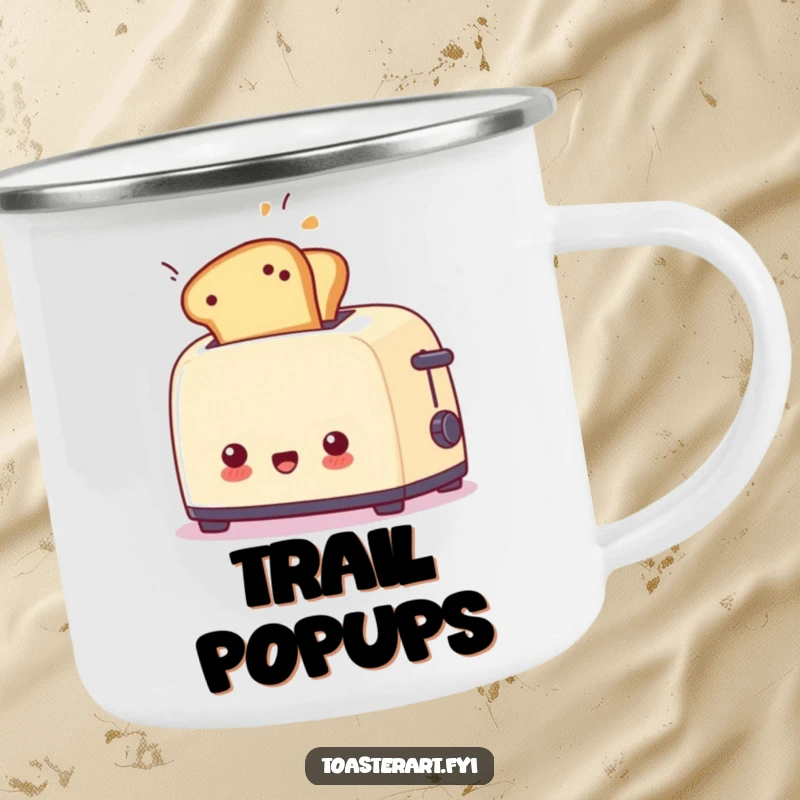 Funny surprised toaster camping mug with toast flying out unexpectedly, a rugged and humorous outdoor mug.