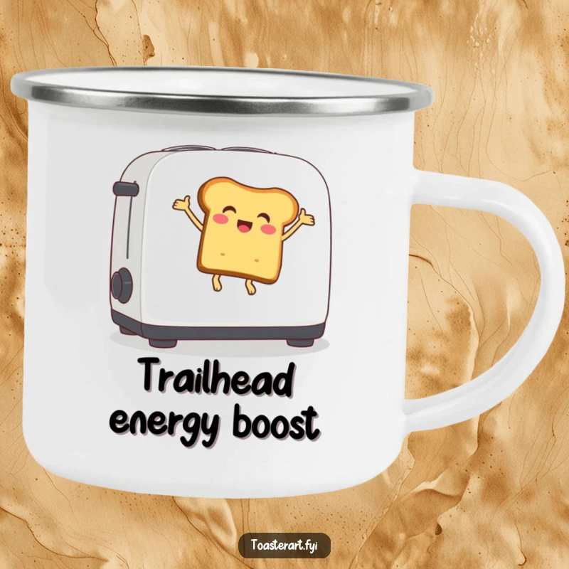Funny camping mug featuring a delighted bread slice character bouncing on a toaster lever, perfect for adding humor to outdoor trips.