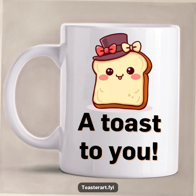 Funny mug featuring a toast slice wearing a top hat, bowing with delight, showcasing refined breakfast charm.