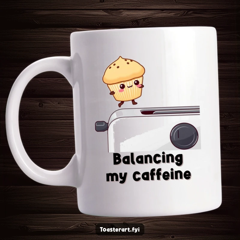 Funny kawaii muffin character balancing precariously on a toaster edge, a humorous and cute mug design.
