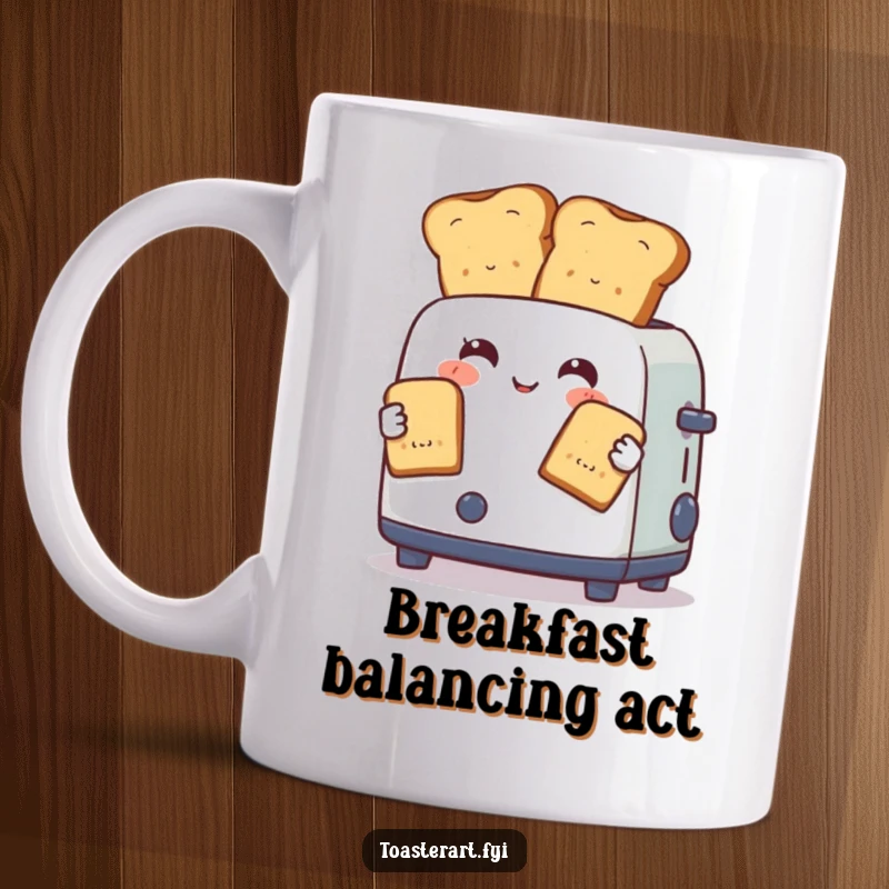 Funny mug with a toaster character skillfully juggling two perfectly browned toast slices, celebrating breakfast dexterity.