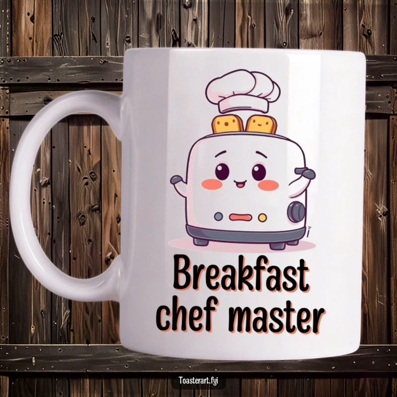 Funny Mug showing a cheerful toaster character in a chef hat, skillfully juggling slices of toast with a playful demeanor.