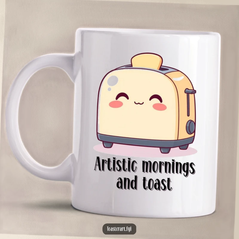 Funny Mug showcasing a cheerful toaster character using its warmth to gently heat a small piece of art.