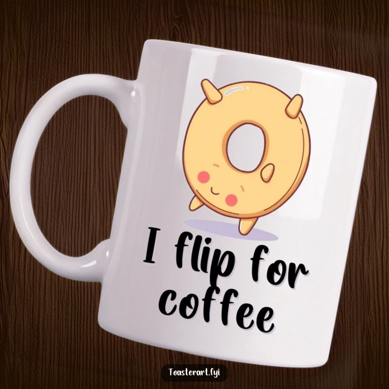 Funny mug featuring a smiling bagel performing a backward somersault with enthusiasm, depicting a cheerful and athletic breakfast character.