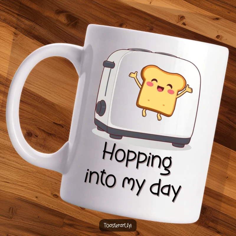 Funny mug with a delighted bread slice character energetically bouncing on a toaster lever, capturing pure breakfast joy.