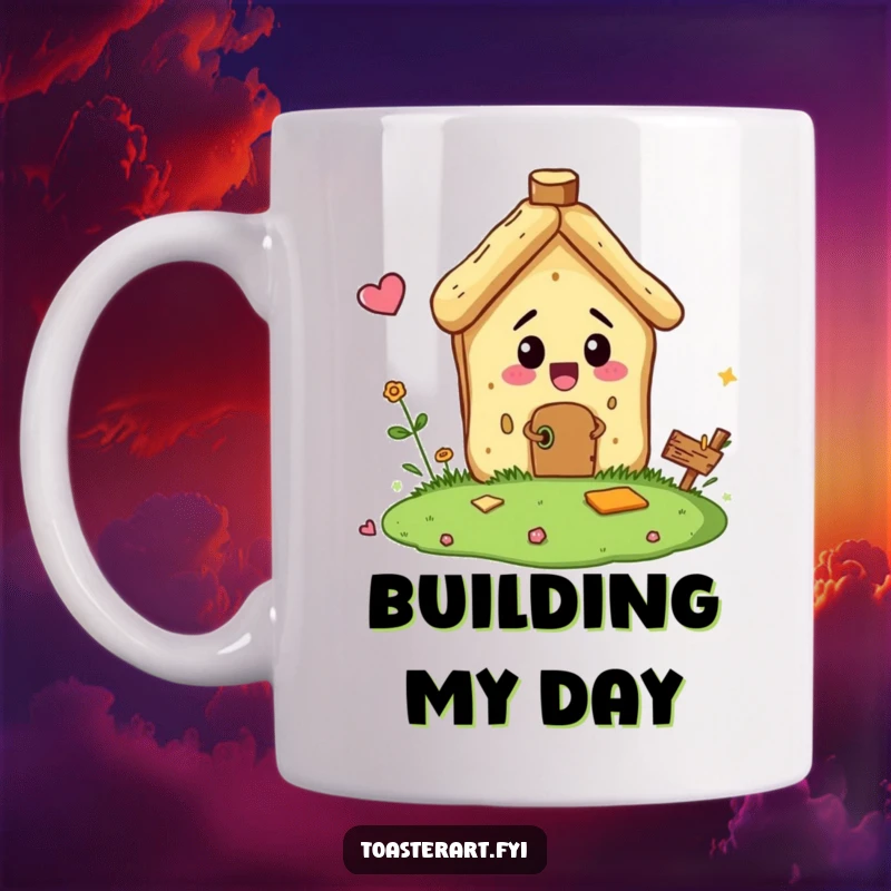 Funny mug showing a determined bread crumb character comically attempting to construct a miniature house, celebrating small-scale ambition.