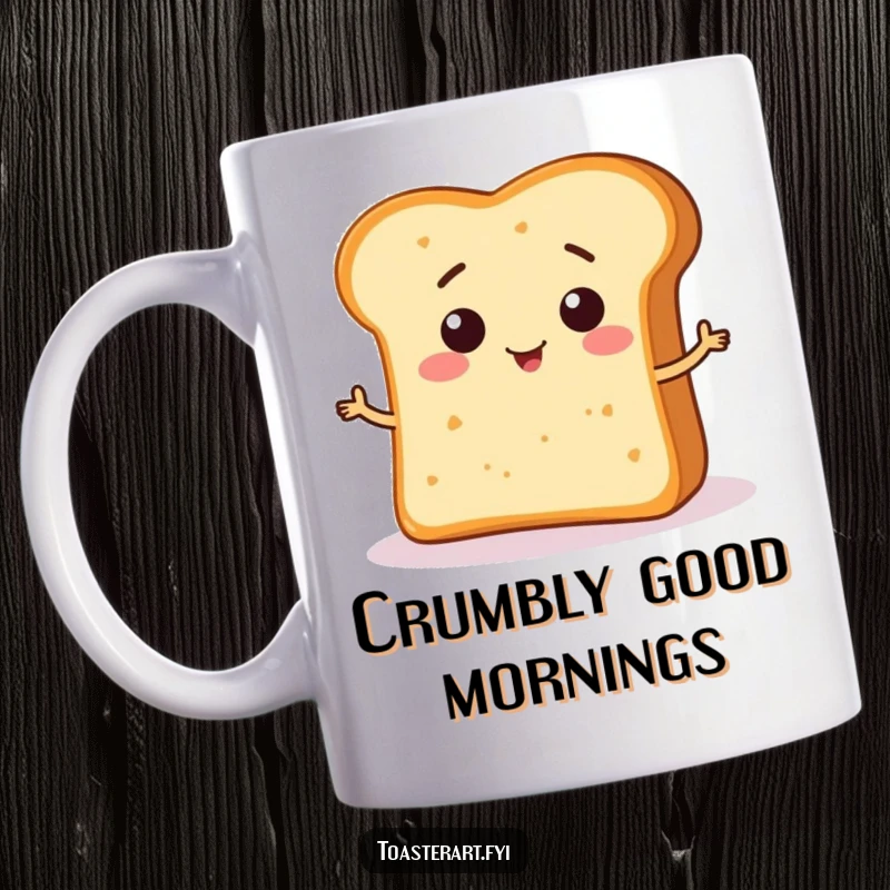 Funny Mug featuring a smiling bread crumb character playfully forming a silly shape on a slice of bread, a delightful kitchen humor.
