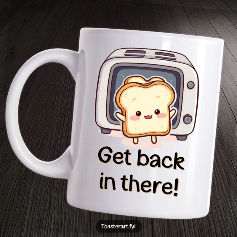 Funny Mug: A fluffy bread slice character comically pushes toast back into a toaster, humorously preventing disaster.