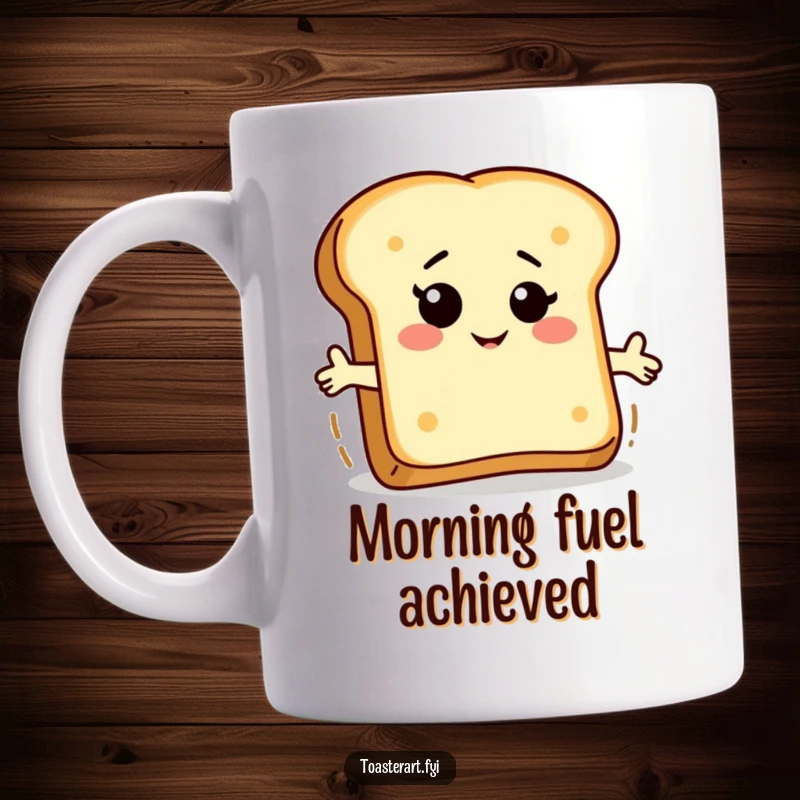 Funny bread slice character mug, winking as it rides on a piece of rising toast, celebrating breakfast fun.