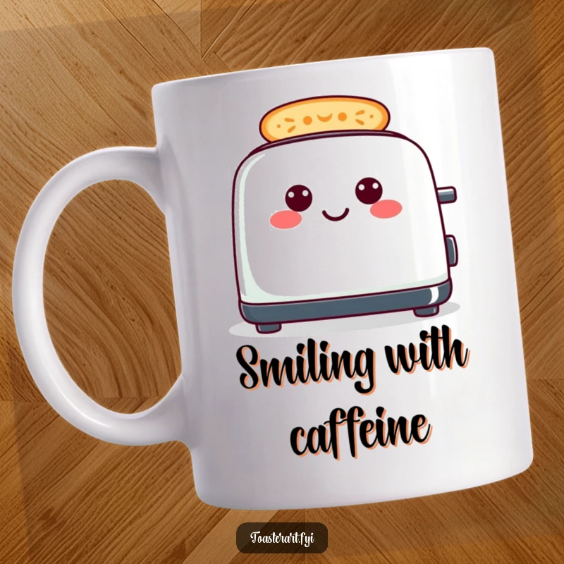 Funny cheerful toaster mug creating smiley face toast pattern, a happy and humorous breakfast item.