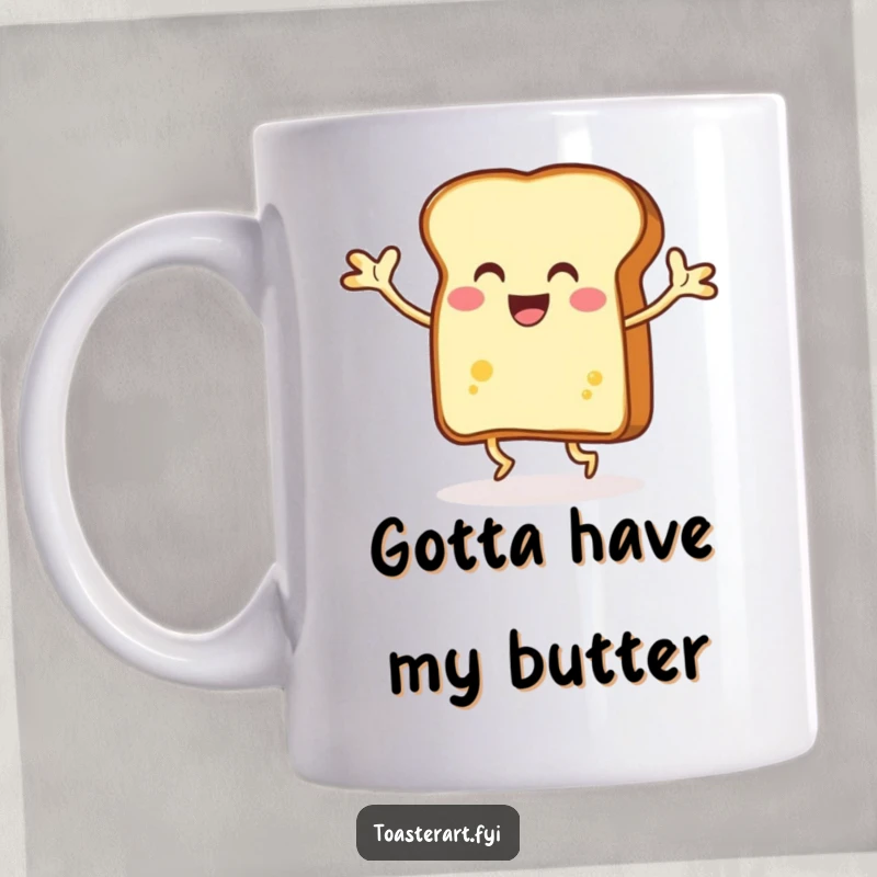 Funny grinning slice of toast dancing energetically with buttery arms on a mug, symbolizing cheerful breakfast energy.