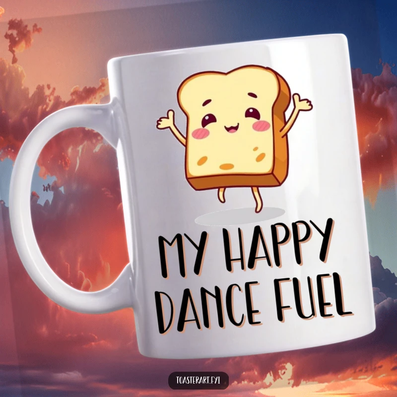 Funny mug with a jovial piece of toast character dancing energetically, celebrating the start of a new day with pure joy.