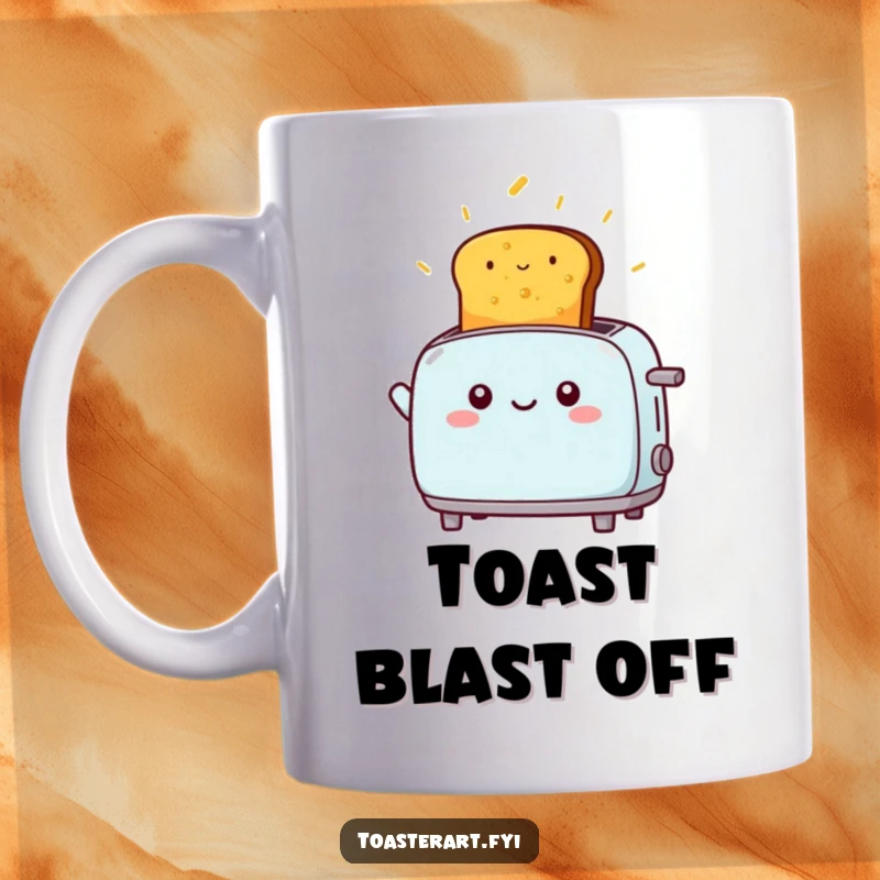 Funny kawaii toaster character happily launching golden toast high into the air, a joyous mug.
