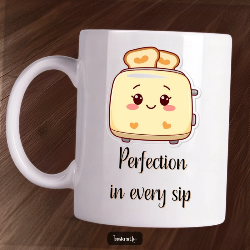 Funny smiling toaster mug with perfectly patterned toast designs, a happy and humorous breakfast item.