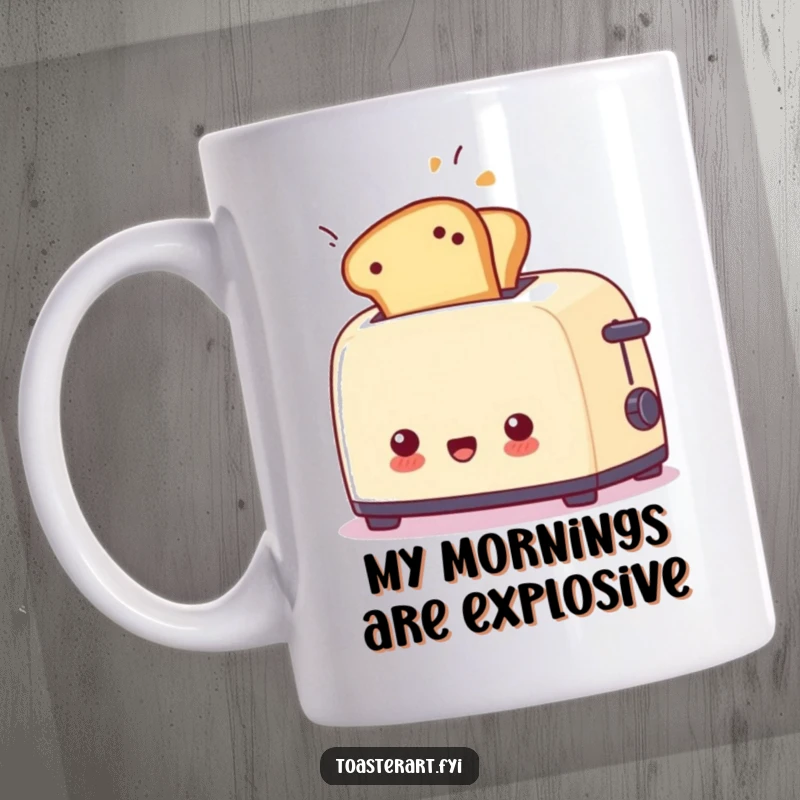 Funny surprised toaster mug with toast flying out unexpectedly, capturing a moment of breakfast chaos and humor.