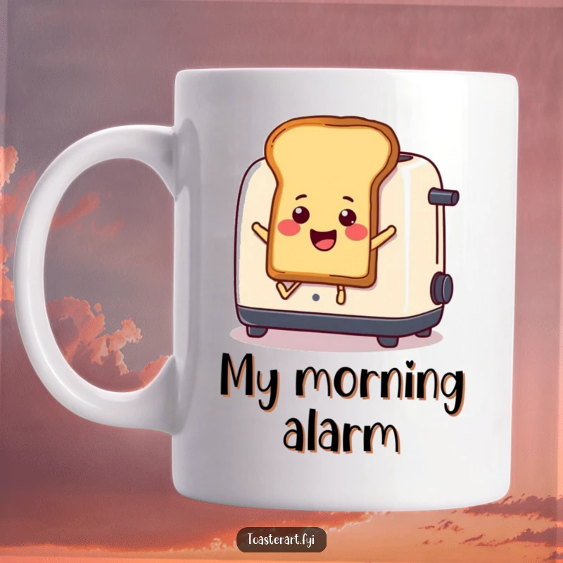 Funny Mug: Cartoon toast comically leaps out of an open toaster with a joyful expression, perfect for breakfast lovers.