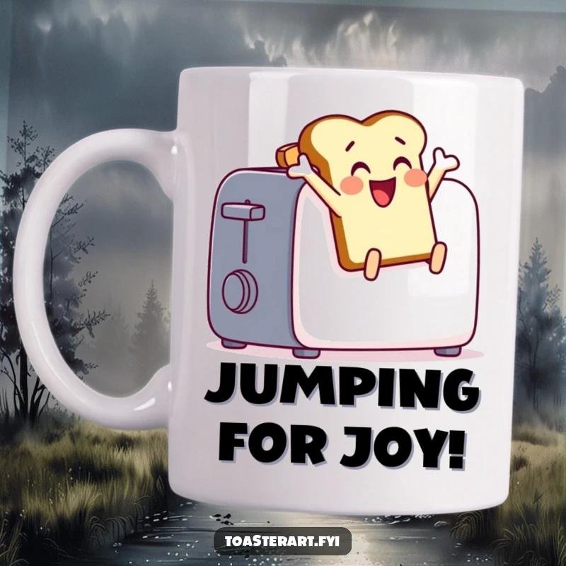 Funny toast character doing a joyful leap from a toaster, a delightful and humorous mug design.