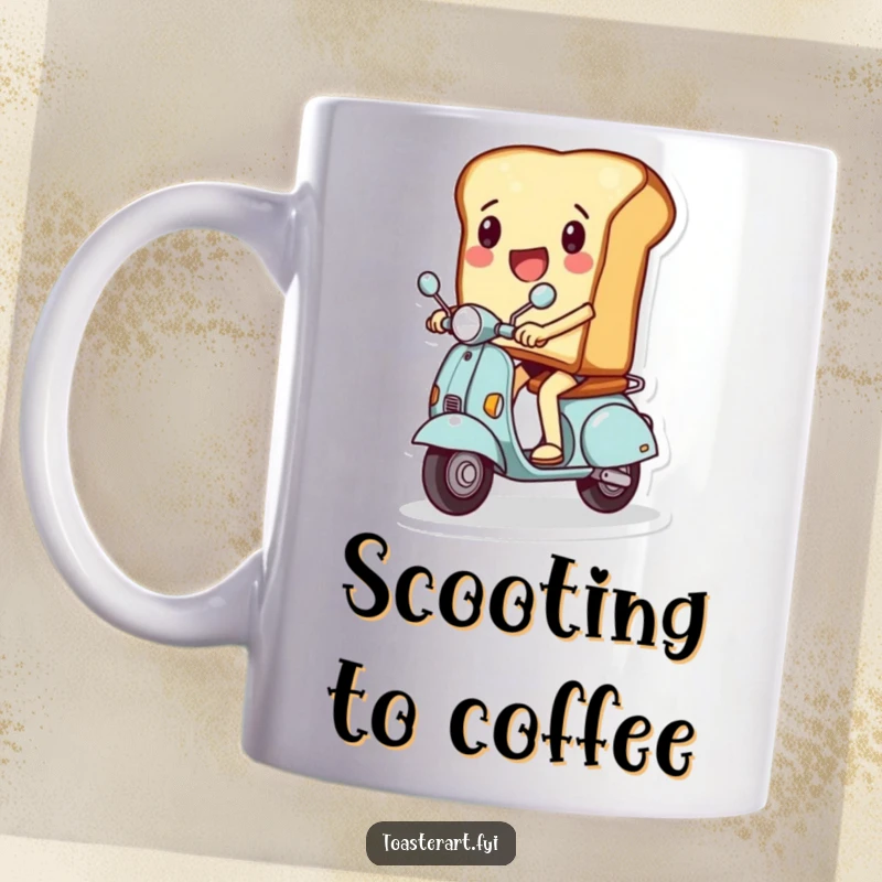 Funny mug showing a cheerful slice of toast character excitedly riding a miniature scooter, capturing a moment of breakfast speed.