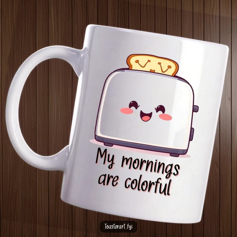 Funny Toaster Mug: A cheerful toaster is busy creating colorful and artistic designs on slices of toast.