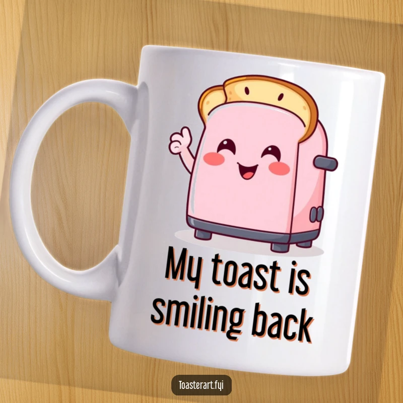 Funny mug featuring a happy toaster character enthusiastically drawing a smiley face on a piece of toast, spreading morning cheer.