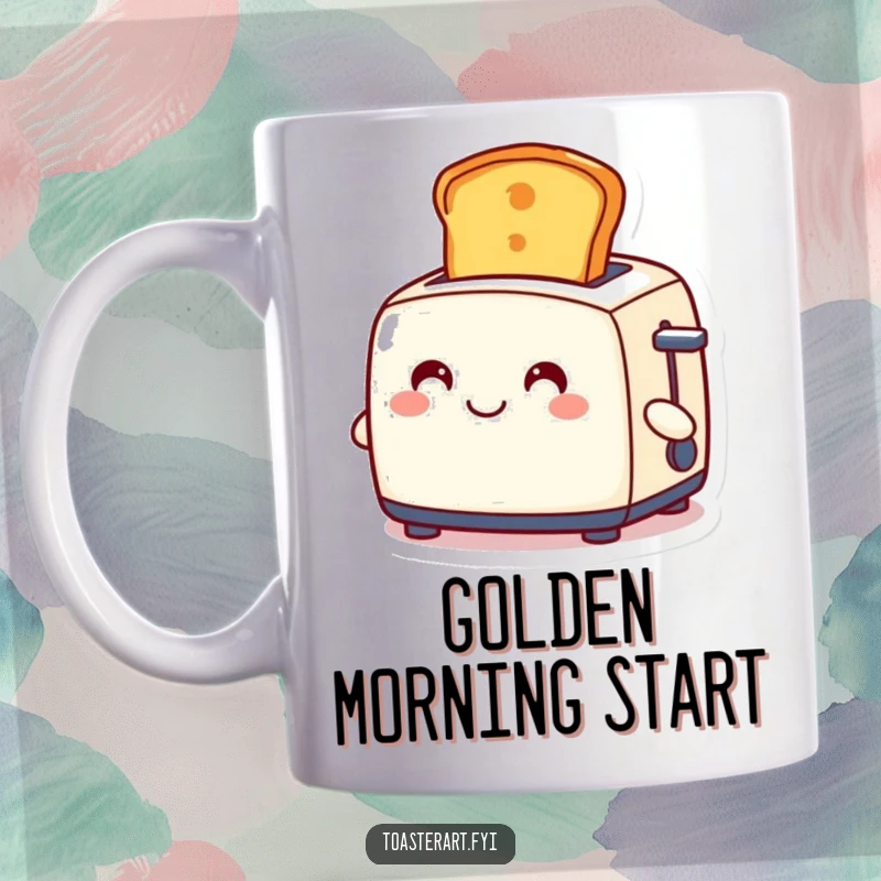 Funny mug with a smiling toaster character proudly ejecting a perfectly golden slice of toast.