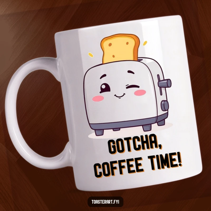 Funny toaster character winking mischievously as toast flies out, a humorous and dynamic mug design.